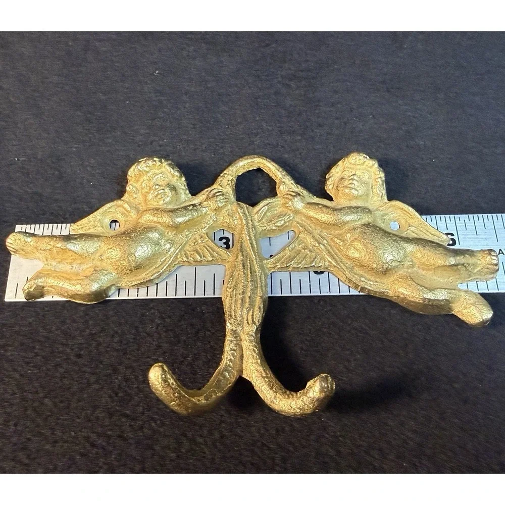 Vintage Brass Cherub Wall Hook - Ornate Cupid Double Key & Towel Hanger